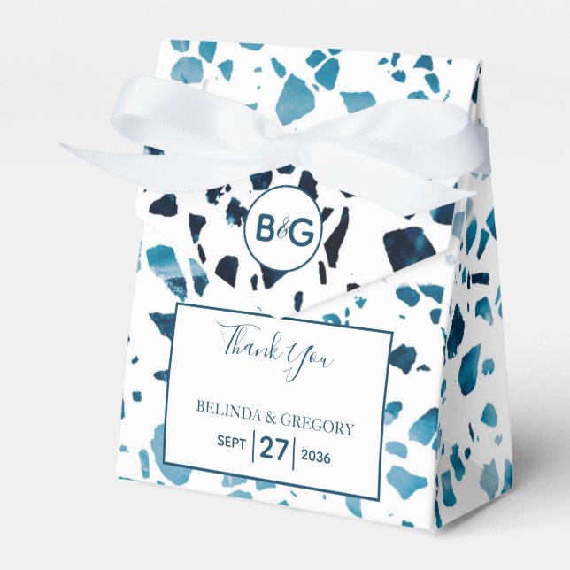 Modern Abstract Terrazzo Mosaic Blue Wedding Favor Box (Front Side)
