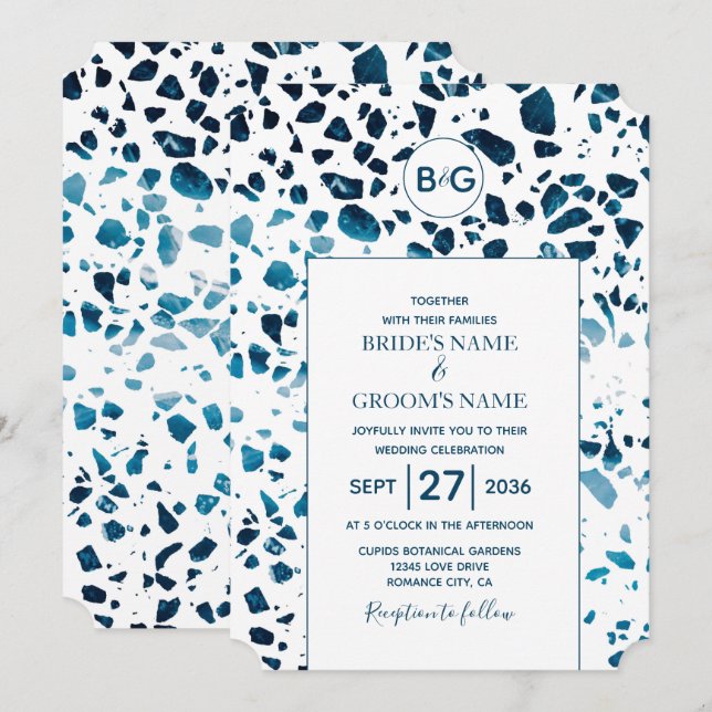 Modern Abstract Terrazzo Mosaic Blue Wedding Invitation (Front/Back)