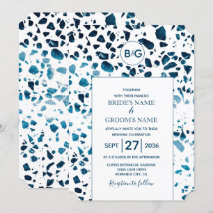 Modern Abstract Terrazzo Mosaic Blue Wedding Invitation
