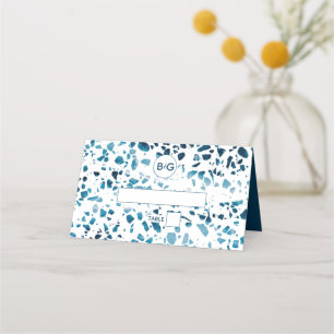 Modern Abstract Terrazzo Mosaic Blue Wedding Place Place Card