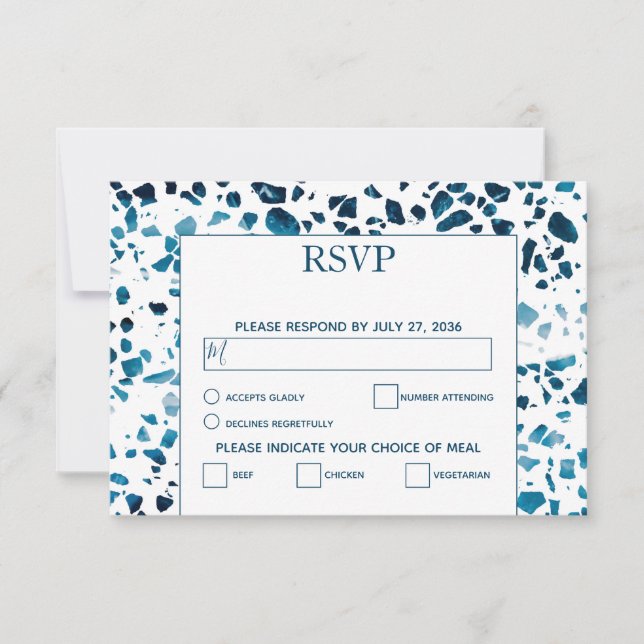 Modern Abstract Terrazzo Mosaic Blue Wedding RSVP  Card (Front)