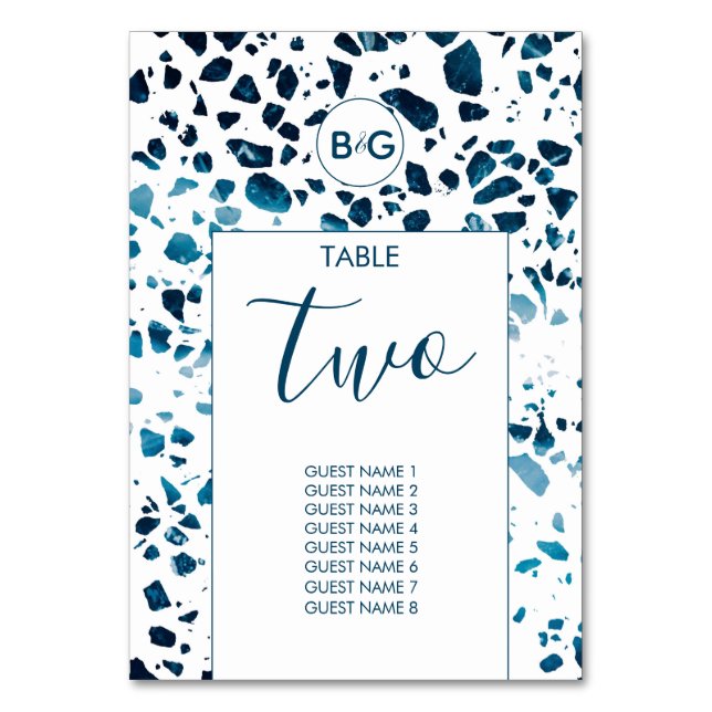 Modern Abstract Terrazzo Mosaic Blue Wedding  Table Number (Back)