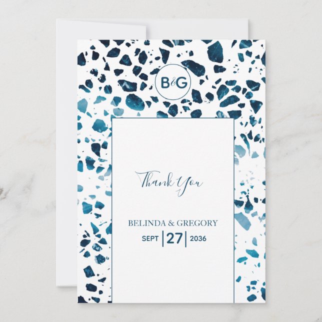 Modern Abstract Terrazzo Mosaic Blue Wedding Thank You Card (Back)