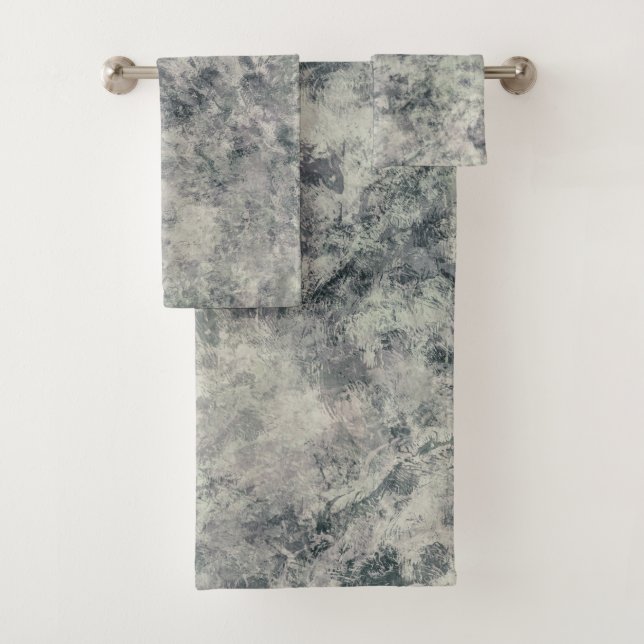 Modern Abstract Textured Grey Lavender Sage Green Bath Towel Set (Insitu)