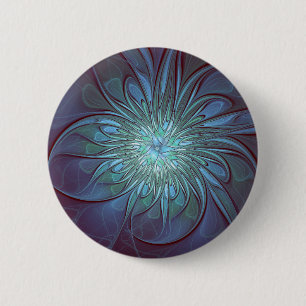 Modern Abstract Trendy Blue Flower Fractal Art 2 Inch Round Button