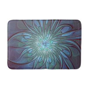 Modern Abstract Trendy Blue Flower Fractal Art Bath Mat