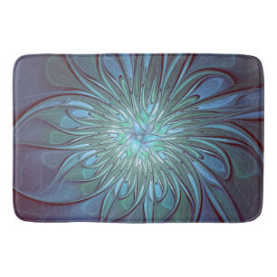 Modern Abstract Trendy Blue Flower Fractal Art Bath Mat