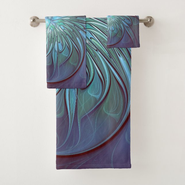 Modern Abstract Trendy Blue Flower Fractal Art Bath Towel Set (Insitu)