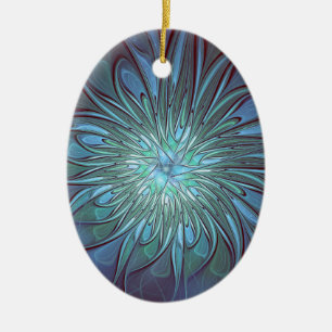 Modern Abstract Trendy Blue Flower Fractal Art Ceramic Ornament