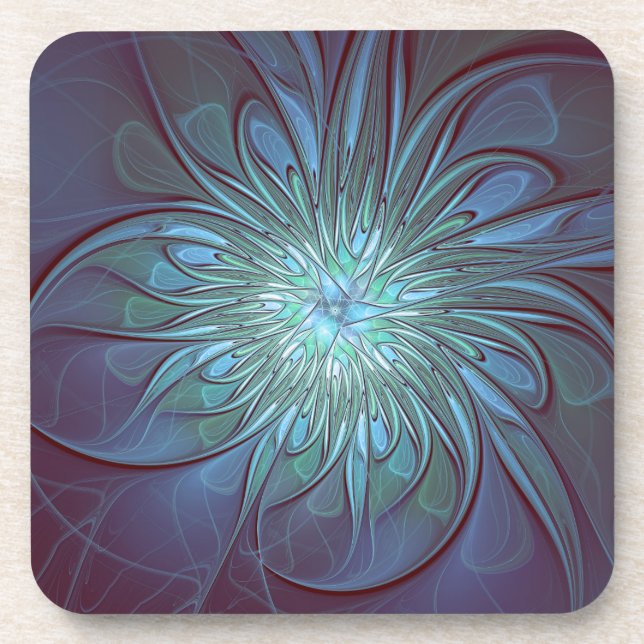 Modern Abstract Trendy Blue Flower Fractal Art Coaster (Front)