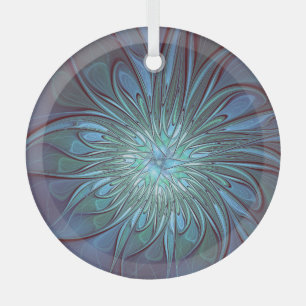 Modern Abstract Trendy Blue Flower Fractal Art Glass Ornament