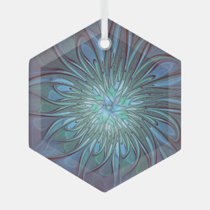 Modern Abstract Trendy Blue Flower Fractal Art Glass Ornament