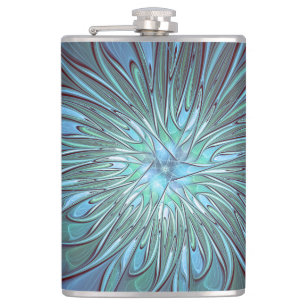 Modern Abstract Trendy Blue Flower Fractal Art Hip Flask