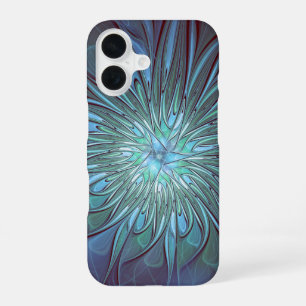 Modern Abstract Trendy Blue Flower Fractal Art iPhone 16 Case