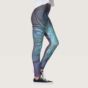 Modern Abstract Trendy Blue Flower Fractal Art Leggings