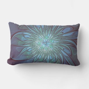 Modern Abstract Trendy Blue Flower Fractal Art Lumbar Pillow