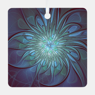 Modern Abstract Trendy Blue Flower Fractal Art Metal Ornament