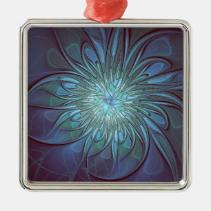 Modern Abstract Trendy Blue Flower Fractal Art Metal Ornament
