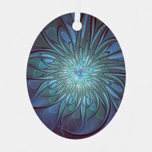 Modern Abstract Trendy Blue Flower Fractal Art Metal Ornament