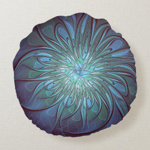 Modern Abstract Trendy Blue Flower Fractal Art Round Pillow