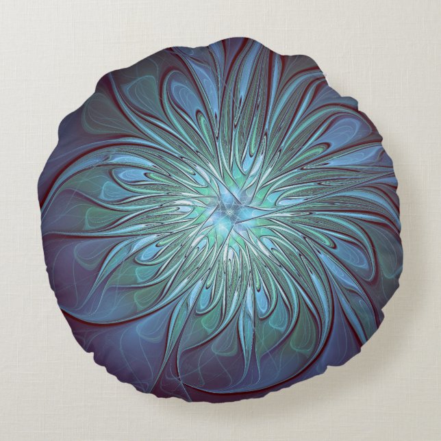 Modern Abstract Trendy Blue Flower Fractal Art Round Pillow (Back)