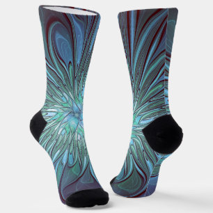 Modern Abstract Trendy Blue Flower Fractal Art Socks