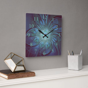 Modern Abstract Trendy Blue Flower Fractal Art Square Wall Clock