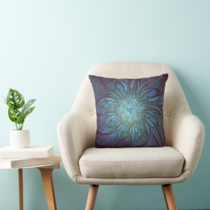 Modern Abstract Trendy Blue Flower Fractal Art Throw Pillow
