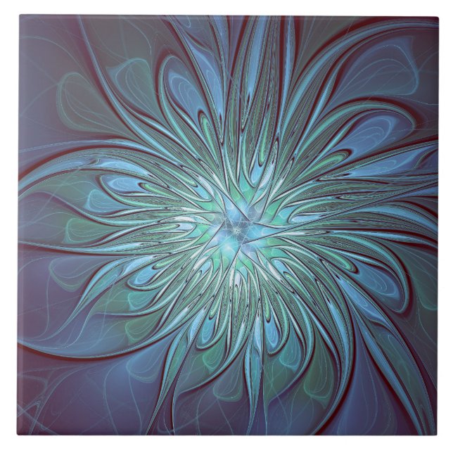 Modern Abstract Trendy Blue Flower Fractal Art Tile (Front)