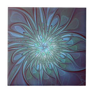 Modern Abstract Trendy Blue Flower Fractal Art Tile