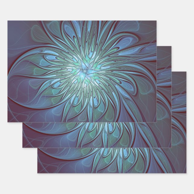 Modern Abstract Trendy Blue Flower Fractal Art Wrapping Paper Sheet (Set)