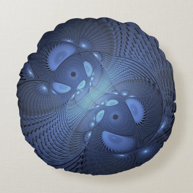 Modern Abstract Trendy Dusk Blue Fractal Art Round Pillow (Front)