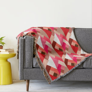 Modern Abstract Triangles, Coral Red and Pink Throw Blanket