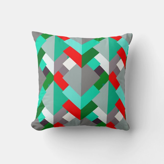 Modern Abstract Triangles, Turquoise, Red, & Grey Throw Pillow (Front)