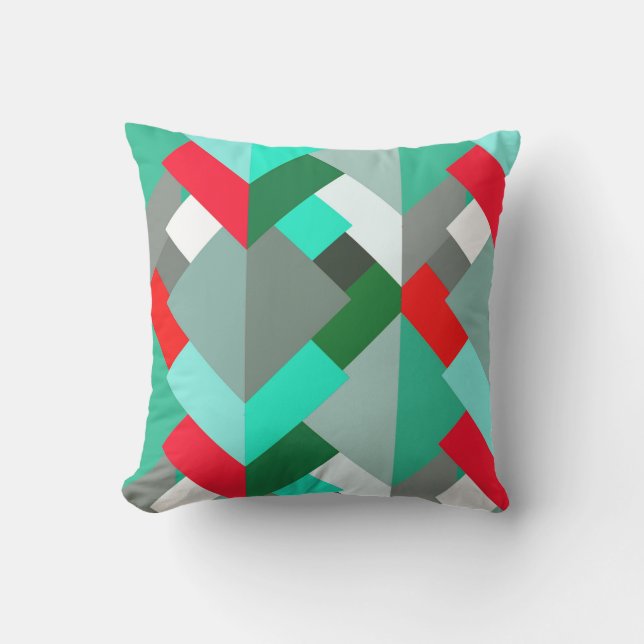 Modern Abstract Triangles, Turquoise, Red, & Grey Throw Pillow (Front)