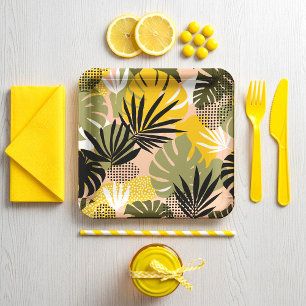 Modern Abstract Tropical Leaves & Polka Dots Paper Plate