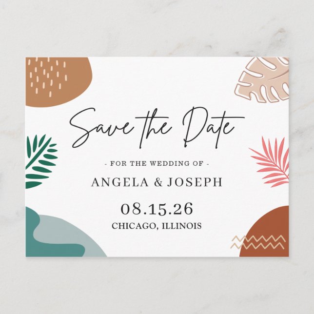 Modern Abstract Tropical Wedding Save the Date Postcard (Front)