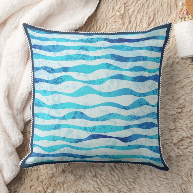 Modern Abstract Watercolor Blue Ocean Waves Throw Pillow (Blanket)