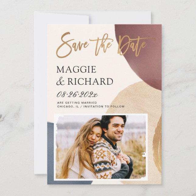 Modern Abstract Watercolor Brush Stroke Photo Save The Date (Front)