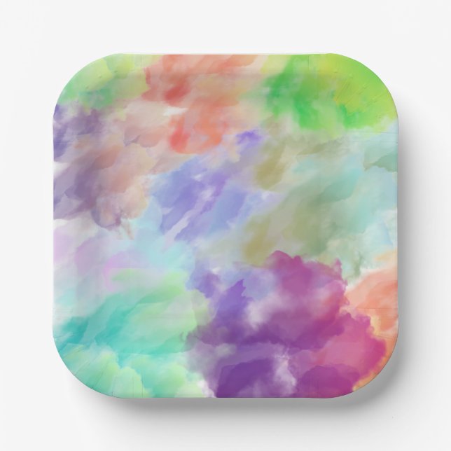 Modern Abstract Watercolor Clouds Colorful Pastel  Paper Plate (Front)