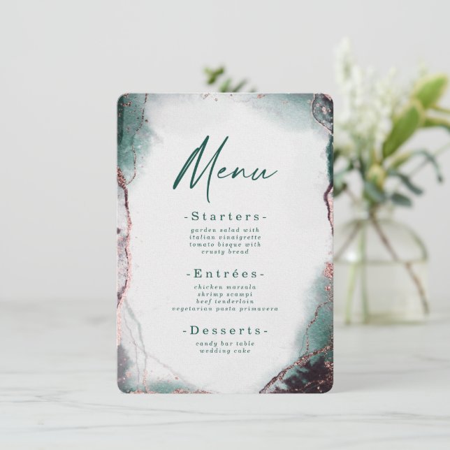 Modern Abstract Watercolor Emerald Green Wedding Menu (Standing Front)