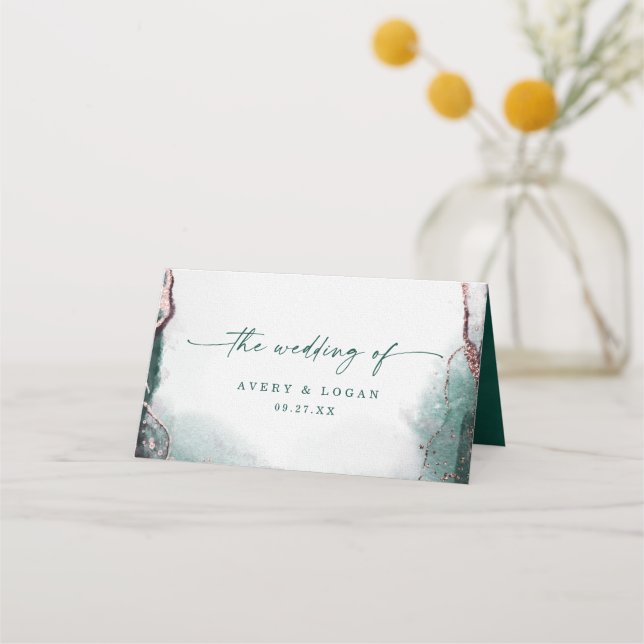 Modern Abstract Watercolor Emerald Green Wedding Place Card (Back)
