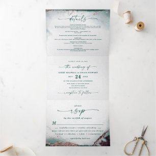 Modern Abstract Watercolor Emerald Green Wedding Tri-Fold Invitation