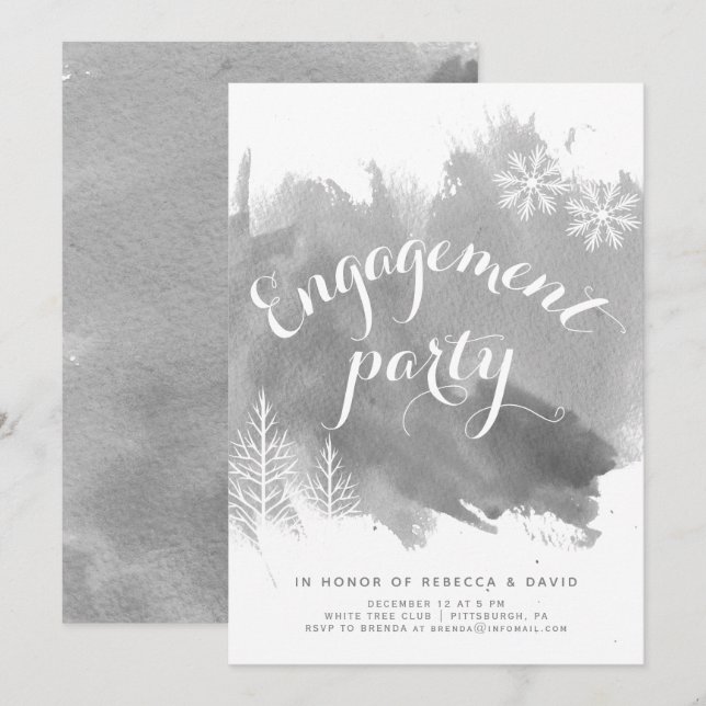 Modern abstract watercolor grey engagement party invitation (Front/Back)