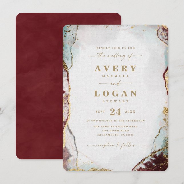 Modern Abstract Watercolor in Wine & Gold Wedding Invitation (Front/Back)