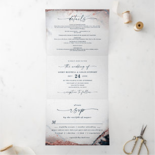 Modern Abstract Watercolor Navy Rose Gold Wedding Tri-Fold Invitation