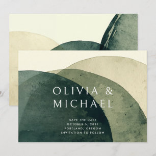 Modern Abstract Watercolor Olive Green Wedding Save The Date