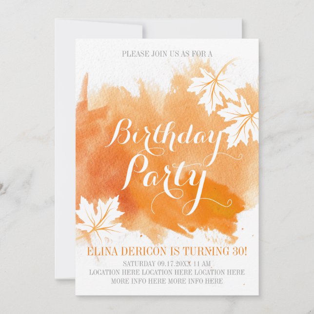Modern abstract watercolor orange birthday party invitation (Front)