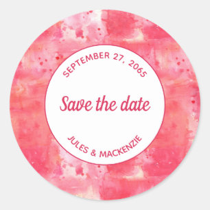 Modern Abstract Watercolor Pink Save the Date Classic Round Sticker