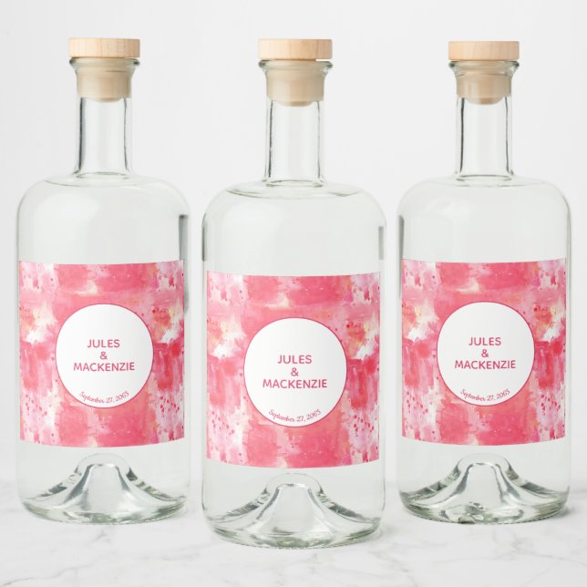 Modern Abstract Watercolor Pink Wedding Liquor Bottle Label (Bottles)